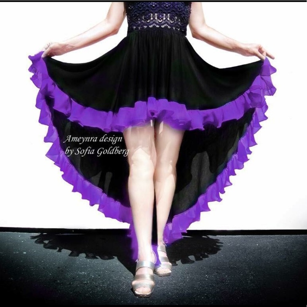 Ameynra high low skirt black rayon wit purple chiffon ruffle